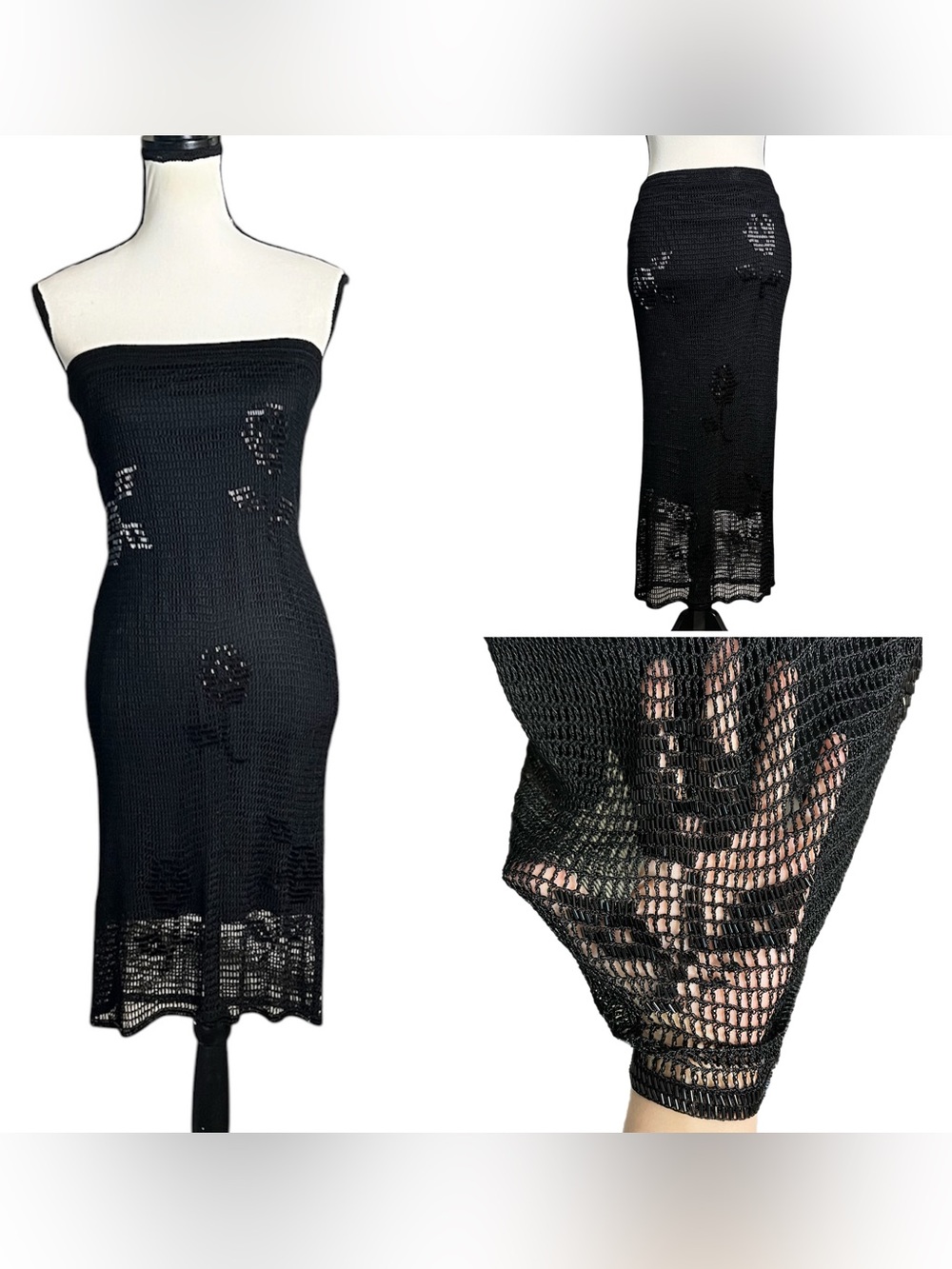 Vintage Sue Wong Sheer Crochet Beaded Floral Strapless Dress or Midi Skirt